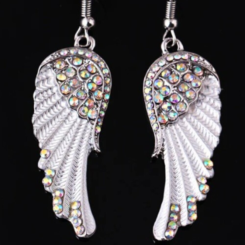 Angel Wings Rhinestone Alloy Earrings - white